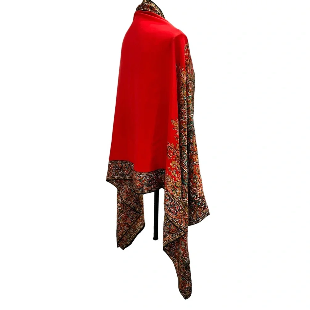 PERRY ELLIS RED, BLACK & GREEN TAPESTRY DESIGN 100% SILK SCARF